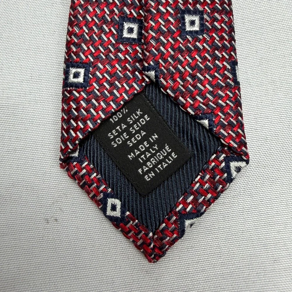 Ermenegildo Zegna Silk Tie 59 x3.25 Red Navy Blue Geometric Square Made in Italy